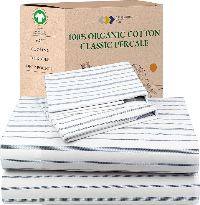 California Design Den Stripe Sheets Queen Size Set - 100% Organic Cotton, Soft and Crisp Percale, Durable Deep Pocket Queen Sheets & Pillowcase Set - Blue Stripe