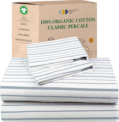 California Design Den California King Sheet Stripe, 100% Organic Cotton Percale Sheets, Deep Pocket Cal King Size Sheets & Pillowcase Set - Blue Stripe