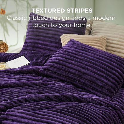 Bedsure Comforter Full Size - GentleSoft™ 3 Pieces Fluffy Double-Side Fleece Comforter Set, Cozy Striped Room Decor Aesthetic, Luxury Purple Full Size Bedding with 2 Pillowcases, 82x86 Inches