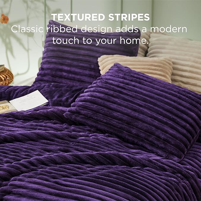 Bedsure California King Comforter - GentleSoft™ 3 Pieces Double-Side Fleece Comforter Set, Cozy Striped Room Decor Aesthetic, Luxury Purple Cal King Bedding with 2 Pillowcases, 104x96 Inches