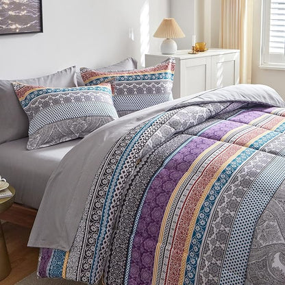 Flysheep Bohemian Bed in a Bag 7 Pieces Queen Size, Colorful Boho Purple Orange Gray Stripes Reversible Bed Comforter Set (1 Comforter, 1 Flat Sheet, 1 Fitted Sheet, 2 Pillow Shams, 2 Pillowcases)