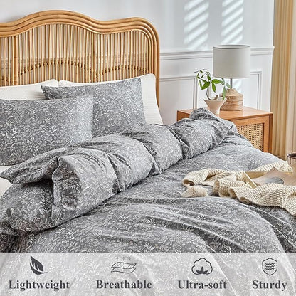 AMWAN Queen Size Comforter Set Grey, 3 Pieces Queen Bedding Sets, Vintage Botanical Bedding Set, 1 Comforter with 2 Pillowcases, Aesthetic Floral Comforter Set Soft for All Seasons