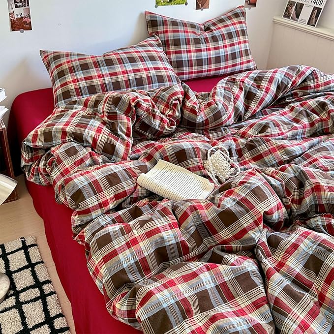 HighBuy Full Comforter Set Gingham Plaid Modern Style Checkered Pattern Comforter for Men Boys,Fluffy Soft 3 Piece Grid Plaid Printed Geometric Comforter with 2 Pillowcases,Comfortable