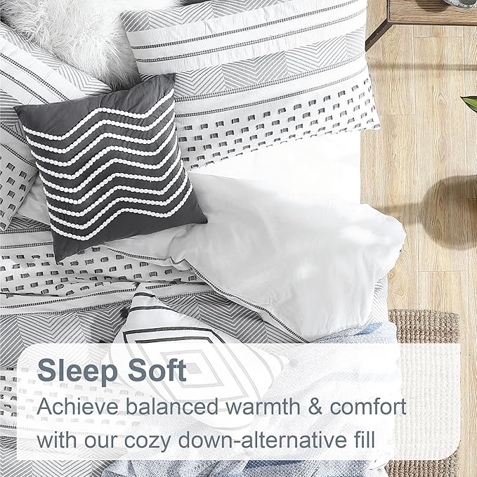 Swift Home Atayal 100% Cotton Herringbone & Clip Jacquard Bedding 5-Piece Comforter Set, All Season & Breathable, Oeko-TEX Certified – Grey, Full/Queen