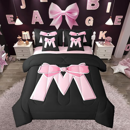 jejeloiu Kawaii Pink Bow Queen Comforter Set with Sheets,Gifts for Women Teen Girl,Personalized Initial Letter M 7 Piece Bedding Set,Soft Monogrammed Bed in a Bag with Comforter,Sheets,Pillowcases