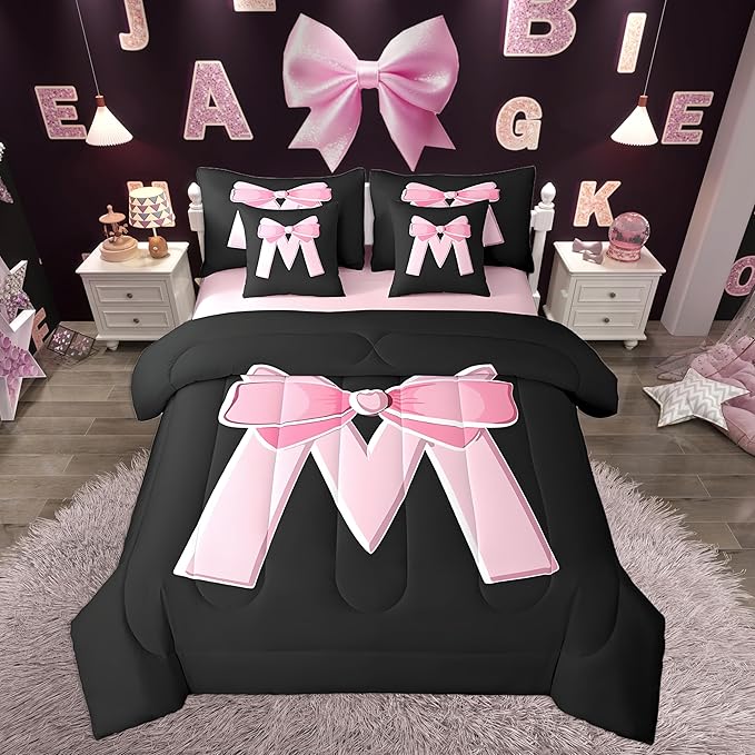 jejeloiu Kawaii Pink Bow King Comforter Set with Sheets,Gifts for Women Teen Girl,Personalized Initial Letter M 7 Piece Bedding Set,Soft Monogrammed Bed in a Bag with Comforter,Sheets,Pillowcases