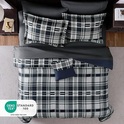 MaiRêve Full Size Comforter Set Navy Blue, Plaid Design Comforter Set 7 Pieces, All Season Comfortable Bedding Sets Full, Lightweight, Soft and Warm (Navy Blue, Full)