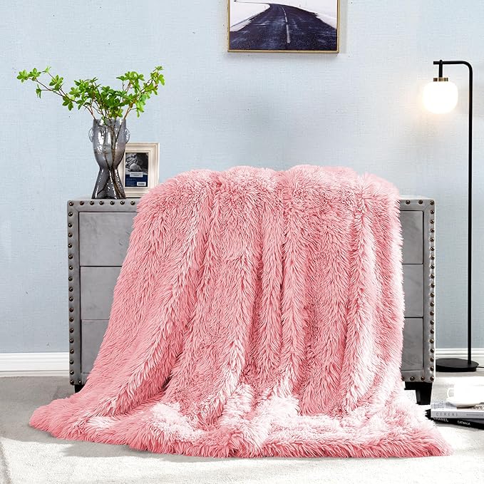 JONIYEAR Extra 2.8" Long Hair Fluffy Faux Fur Throw Blanket 50" x 60", Luxury Soft Decorative Fuzzy Furry Blankets for Couch, Cozy Plush Shaggy Blankets for Sofa Bed, Cute Lovely Blanket for Pet, Pink
