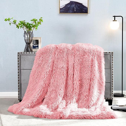 JONIYEAR Extra Large Decorative Fluffy Faux Fur Blanket Full Size 71" x 80", Soft Luxury Lightweight Furry Blankets, Accent Cozy Shaggy Plush Fuzzy Blankets for Bed, Thick Warm Winter Blanket, Pink
