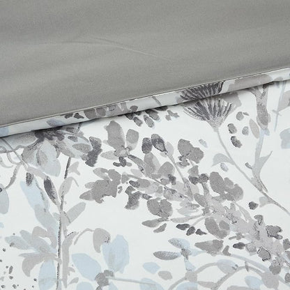Modern Threads 5-Piece Printed Comforter Set, Giverny Queen in White Grey Blue – Soft Comforter, 2 Pillow Shams, and 2 Decorative Pillows