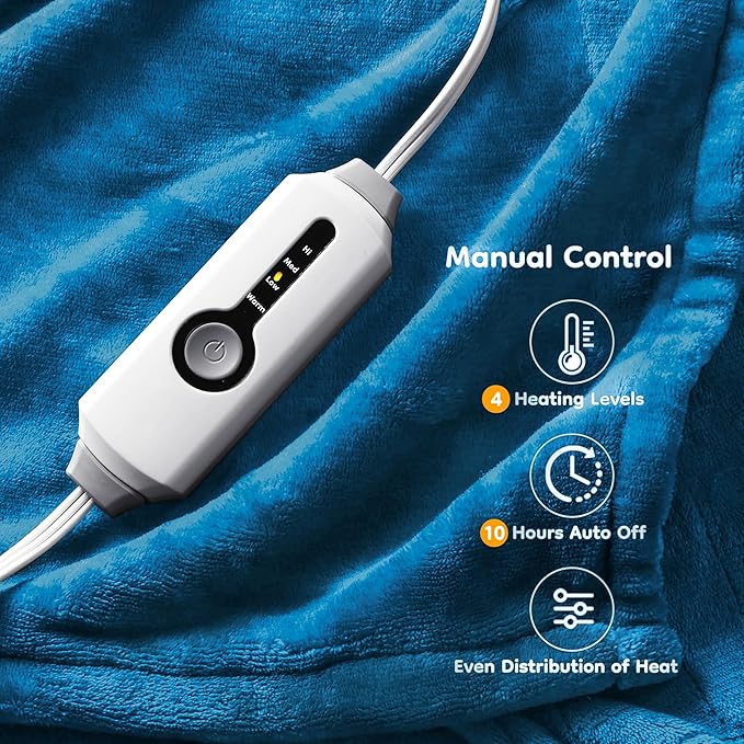 Electric Heated Blanket Twin Size 62"×84", Breathable & Luxurious Flannel, Soft Warm Gift with Over-Heat Protection, 4 Heating Levels & 10 H Auto Shut Off, Machine Washable, Lake Blue