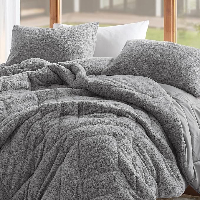 Comfort Spaces Twin Comforter Set Reversible Feather-Soft Plush Comforters for Twin Size Bed All Season Lightweight Shearling Fleece Sherpa Comforter Twin Size Bed Set, Twin/Twin XL, Grey 2 Piece