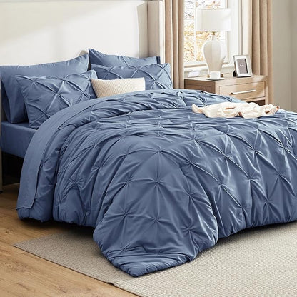 Bedsure California King Comforter Set - Bed in a Bag Cal King Bedding Set 7 PCS, GentleSoft™ Pintuck Bed Set Gift for Family, Pinch Pleat Slate Blue Comforter with Sheets, Pillowcases & Shams