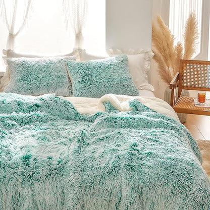 Joyreap 3-Piece Plush Shaggy Comforter Set, Twin Size Luxury Faux Fur Sherpa Reversible Bedding Comforter Set, Ultra Cozy Warm Fluffy Bedding Set for Winter (Aqua Green n White, 68x86 inches)