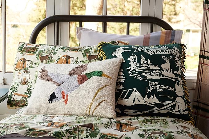 Camp Wandawega Mallard Wool Hook Throw Pillow, Vintage Lodge Decorative Pillow, Oblong 16x20