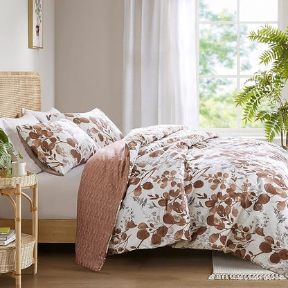Lightweight Seersucker Botanical Queen Size Comforter Set, 3 Pieces Reversible Design Bed Comforter, Premium Microfiber Bedding Set, Comforter and Shams Set, Terracotta