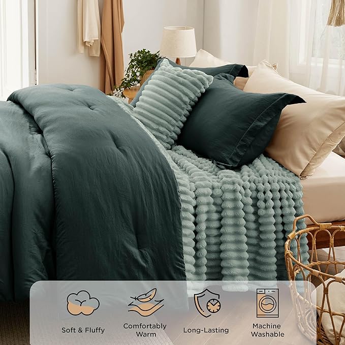 Bedsure Comforter Queen Size 5 Pieces - Queen Size Comforter Set with Fleece Throw Blanket and Decorative Pillow, Lightweiget Bedding Comforter Sets, All Season Bedding Sets, Emerald Green