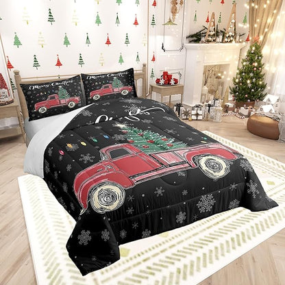 Castle Fairy Merry Christmas Theme Kids Comforter Set Full,Xmas Tree Red Truck Snowflake Watercolor Graffiti Print Bedding Set for Boys Girls Teens Bedrrom Decor,Farmhouse Vintage Rustic Quilt 3 Pcs