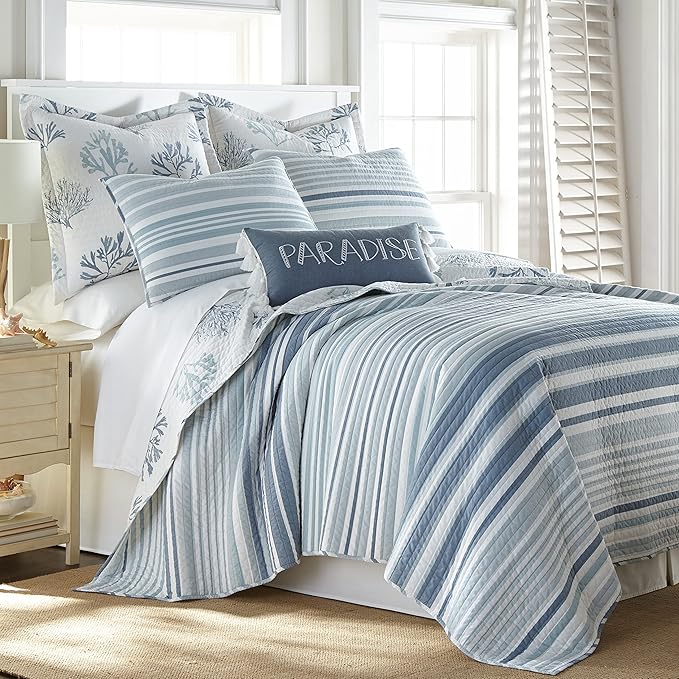 Levtex Home - Truro Quilt Set - King/Cal King Quilt + Two King Pillow Shams - Stripe in Shades of Blue - Quilt Size (106x92in.) and Pillow Sham Size (36x20in.) - Reversible - Cotton