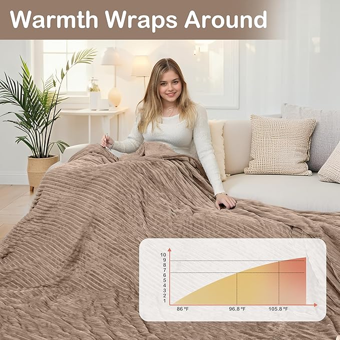 Electric Heated Blanket Queen Size 84"x90",Dual Controllers & Dual Heating Zones, 1-12 Hs Auto Off & 12 Heating Levels, Soft Striped Flannel for Bed, Machine Washable, Gifts for Family-Camel