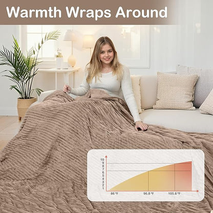 Electric Heated Blanket Queen Size 84"x90",Dual Controllers & Dual Heating Zones, 1-12 Hs Auto Off & 12 Heating Levels, Soft Striped Flannel for Bed, Machine Washable, Gifts for Family-Camel