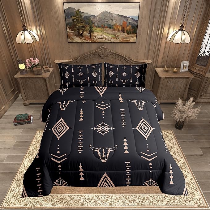 Bull Skull Comforter Set Queen Boho Bedding Ethnic Horns Bohemian Bedding Comforter Sets Black Brown Tribal Symbol Mysterious Aztec Bedroom Decor Abstract Geometric Duvet Insert for Men Boys