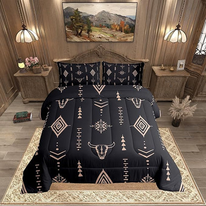 Bull Skull Comforter Set Queen Boho Bedding Ethnic Horns Bohemian Bedding Comforter Sets Black Brown Tribal Symbol Mysterious Aztec Bedroom Decor Abstract Geometric Duvet Insert for Men Boys