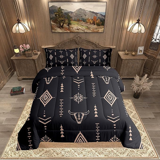 Bull Skull Comforter Set Queen Boho Bedding Ethnic Horns Bohemian Bedding Comforter Sets Black Brown Tribal Symbol Mysterious Aztec Bedroom Decor Abstract Geometric Duvet Insert for Men Boys