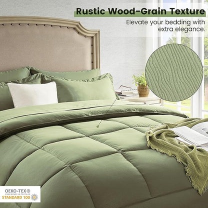 QUIETSEA Queen Bed in a Bag 7 Pieces Comforter Set Queen, Wood Grain Texture Bedding Comforter Set Green Bed Set with Comforter, Pillowcases, Flat Sheet, Fitted Sheet and Pillow Shams