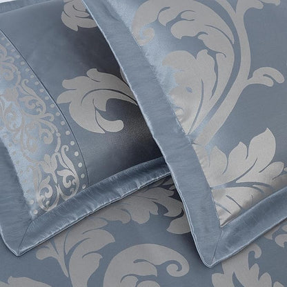 Chezmoi Collection Valor 7-Piece California King Bed in a Bag, Grayish Blue/Gray Luxury Jacquard Floral Comforter with Sheets Set for All Season