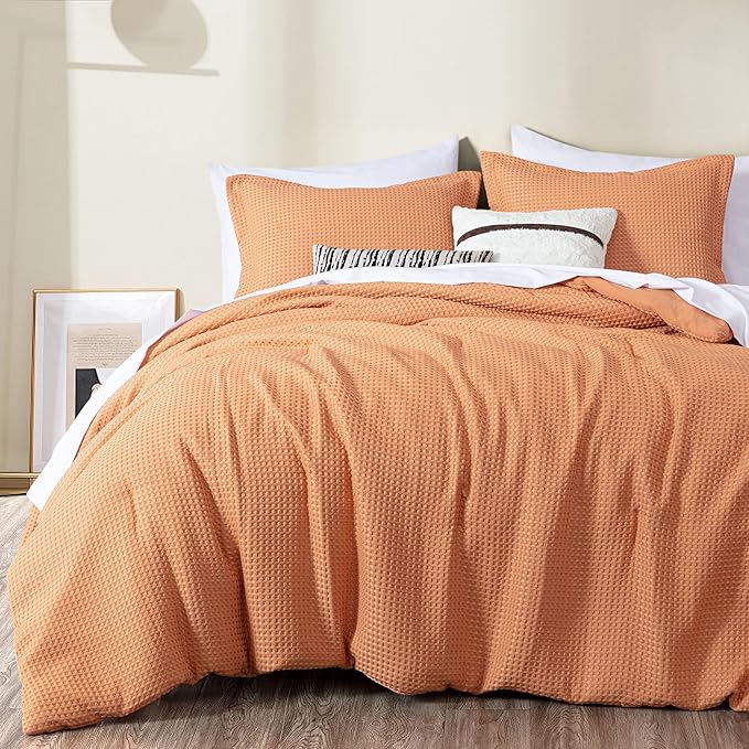 Chezmoi Collection Wilmer 3-Piece King Comforter Set, Toffee Brown, Soft and Cozy Lightweight Waffle Weave Comforter Bedding for All Season