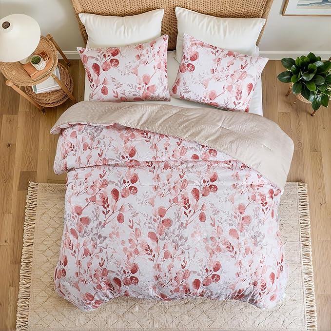 Lightweight Seersucker Botanical Comforter Set Twin Size, 2 Pieces Reversible Design with Striped Print, Premium Microfiber Bedding Set, Comforter and Sham Set, Pink