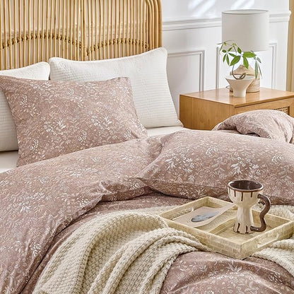 Khaki Comforter Set King Size with Flowers Washable Brushed Microfiber Bedding Comforter Set for Bedroom Soft Warm Comforter Set with 2 Matched Pillowcases