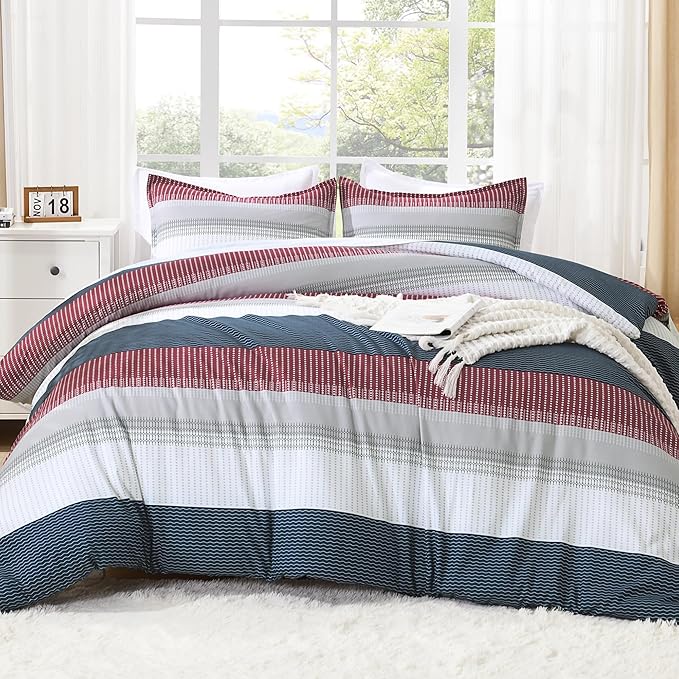 Litanika Comforter Set California King Size Red Blue - 3 Pieces Lightweight Colorblock Stripe Fluffy Bedding Comforter Sets, All Season Bed Set
