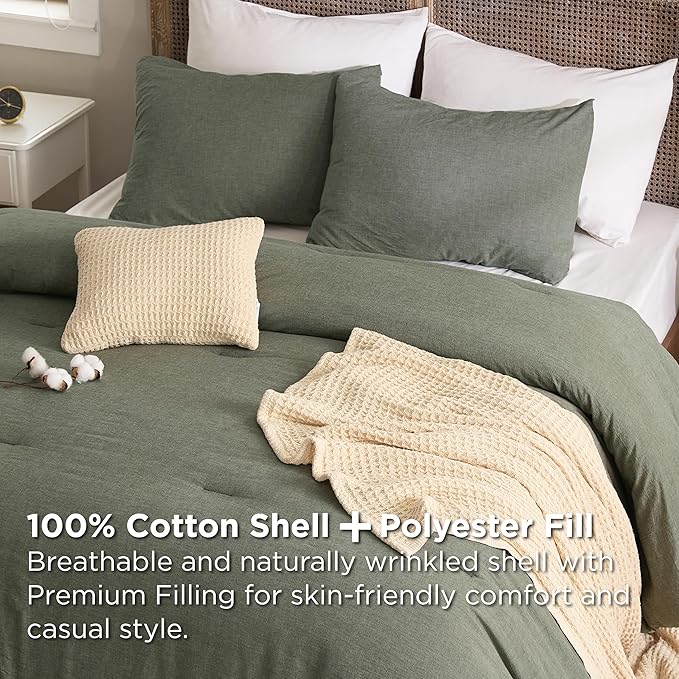 Bedsure 5 PCS Cotton Comforter Set with Waffle Throw Blanket - Breathable Bedding Set for All Seasons, Olive Green Comforter Full Size, Pillow Shams, Beige 100% Cotton Blanket, Throw Pillow