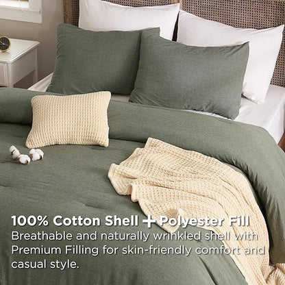 Bedsure 5 PCS Cotton Comforter Set with Waffle Throw Blanket - Breathable Bedding Set for All Seasons, Olive Green Comforter King Size, Pillow Shams, Beige 100% Cotton Blanket, Throw Pillow