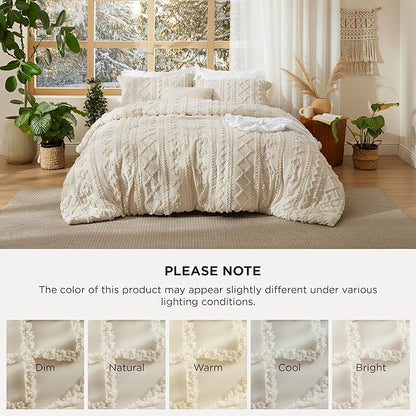 Bedsure Tufted Boho Comforter Set Full Size - Beige Boho Bed Set, GentleSoft™ 3 Pieces Farmhouse Shabby Chic Embroidery Bedding, Gifts for Woman, Soft Jacquard Full Comforter for All Seasons
