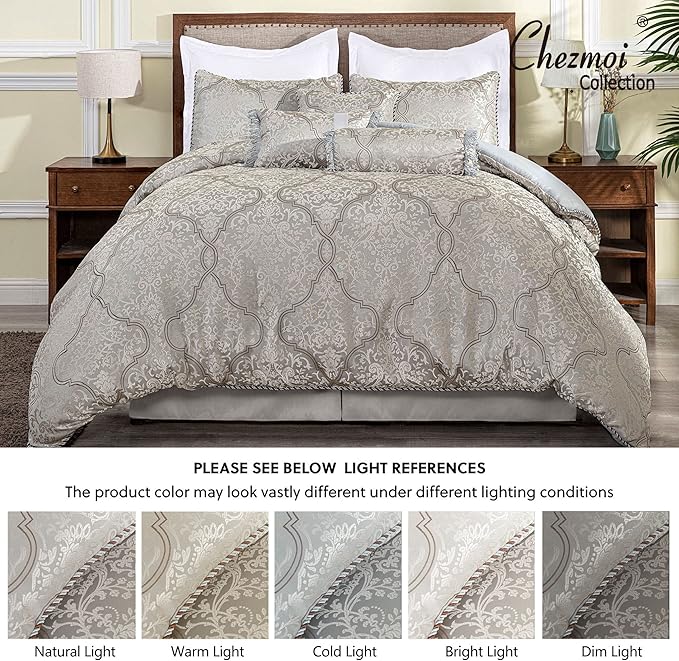 Chezmoi Collection Noelle 7-Piece Queen Bedding Set Silver Gray Brown Floral Medallion Jacquard Comforter Set, Queen Size