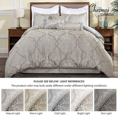 Chezmoi Collection Noelle 7-Piece Queen Bedding Set Silver Gray Brown Floral Medallion Jacquard Comforter Set, Queen Size
