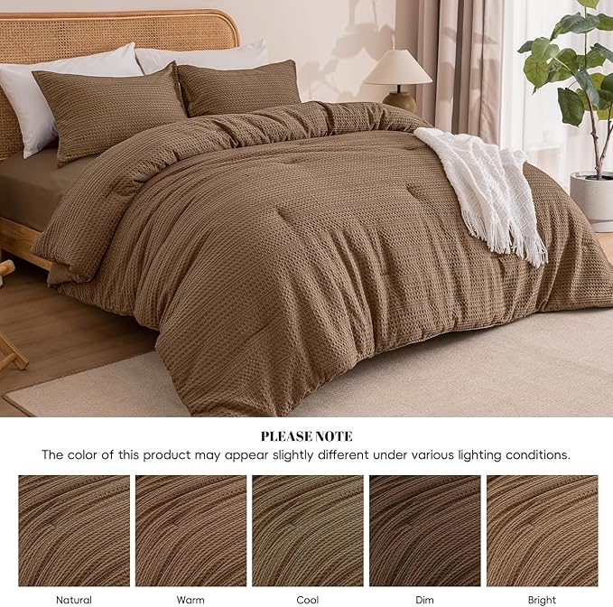 PHF Soft Waffle Comforter Set Queen Size- Comfy Breathable Waffle Weave Comforter with 2 Pillow Shams, 3 Pieces Less Snagging Lightweight Textured Bedding Set for All Season, Mocha/Cocoa Brown