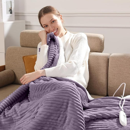 Heated Blanket Electric Throw 50"x60" Heating Blanket 450gsm Ribbed Flannel Sherpa Ultra-soft with 5 Heating Levels and 4 Hour Auto Off, ETL & FCC Certified Electric Blanket, Great Winter Gift, Purple