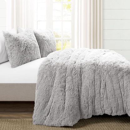 Lush Decor Emma Soft Fluffy Faux Fur Oversized Duvet Cover Set, King, Light Gray - Warm Plush 3 Piece Bedding Set