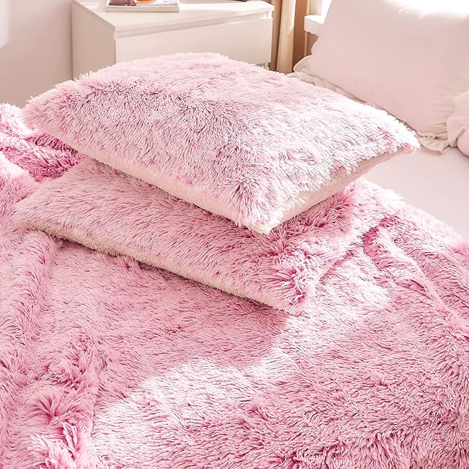 Luxury Faux Fur Shaggy Fluffy Comforter Set Full/Queen Size Mixed Old-Pink and White Long Hair, 3 Pieces Plush Flannel Sherpa Backing Reversible Soft Microfiber Bedding Set Super Warm for Winter