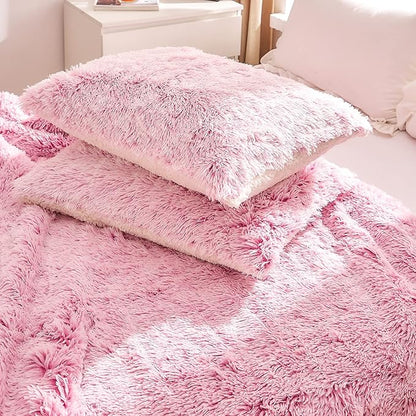 Luxury Faux Fur Shaggy Fluffy Comforter Set Full/Queen Size Mixed Old-Pink and White Long Hair, 3 Pieces Plush Flannel Sherpa Backing Reversible Soft Microfiber Bedding Set Super Warm for Winter