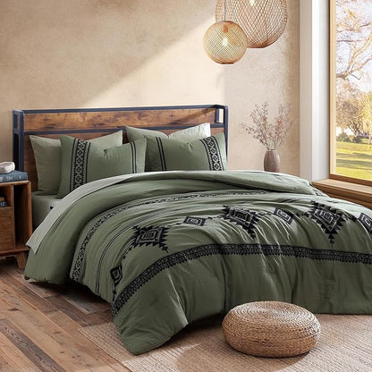 MaiRêve Super King Plus Comforter Set Dark Olive Green, Embroidery Western Boho Bedding Set 7 Pieces, All Season Farmhouse Bed in A Bag Comforter Set with Sheets, Pillowcases & Shams