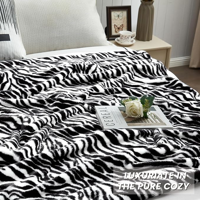 JONIYEAR Fuzzy Zebra Print Faux Rabbit Fur Blanket Twin Size 60" x 70",Double Sided Soft Thick Warm Shaagy Fluffy Blankets for Winter, Oversized Cozy Plush Animal Blanket for Women, White and Black