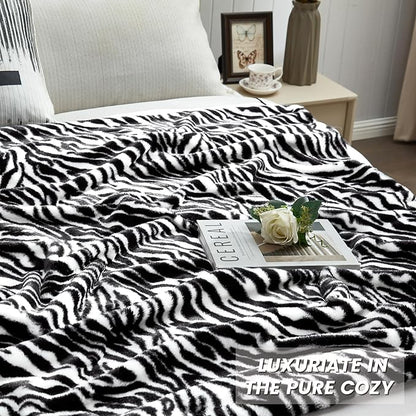 JONIYEAR Decorative Fuzzy Zebra Print Faux Rabbit Fur Throw Blanket 50" x 60",Double Sided Soft Thick Warm Shaagy Fluffy Blankets for Winter, Cute Cozy Plush Animal Blanket for Women, White and Black
