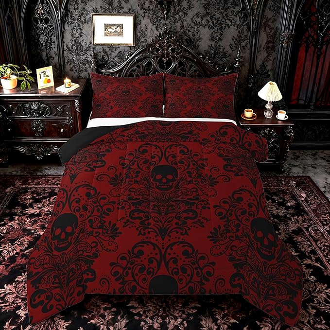 Feelyou Adults Gothic Skull Bedding Set Twin Size Kids Damask Print Comforter Goth Bohemian Duvet Breathable Soft Lightweight Microfiber Black Red Room Decor with 1 Pillowcase