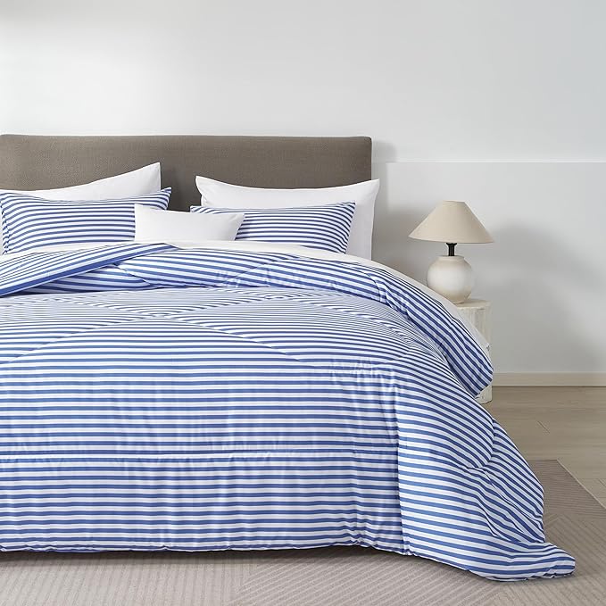 mixinni Striped Comforter Set King Size -Blue Stripes Pattern Bed Set for All Season, 3 Pieces Lightweight Bedding Comforter Sets for All Seasons (1 Soft Fluffy Comforter + 2 Pillowcases)