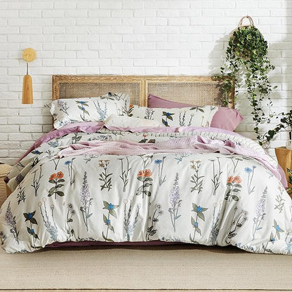 Bedsure Comforter Set King Size - Cute Floral Bedding Comforter Set, 3 Pieces, 1 Soft Reversible Coconut White Botanical Flowers Comforter and Pillow Shams